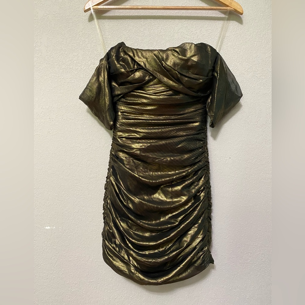HOUSE OF CB LONDON gold metallic ruched fitted mini dress draped off shoulder XS